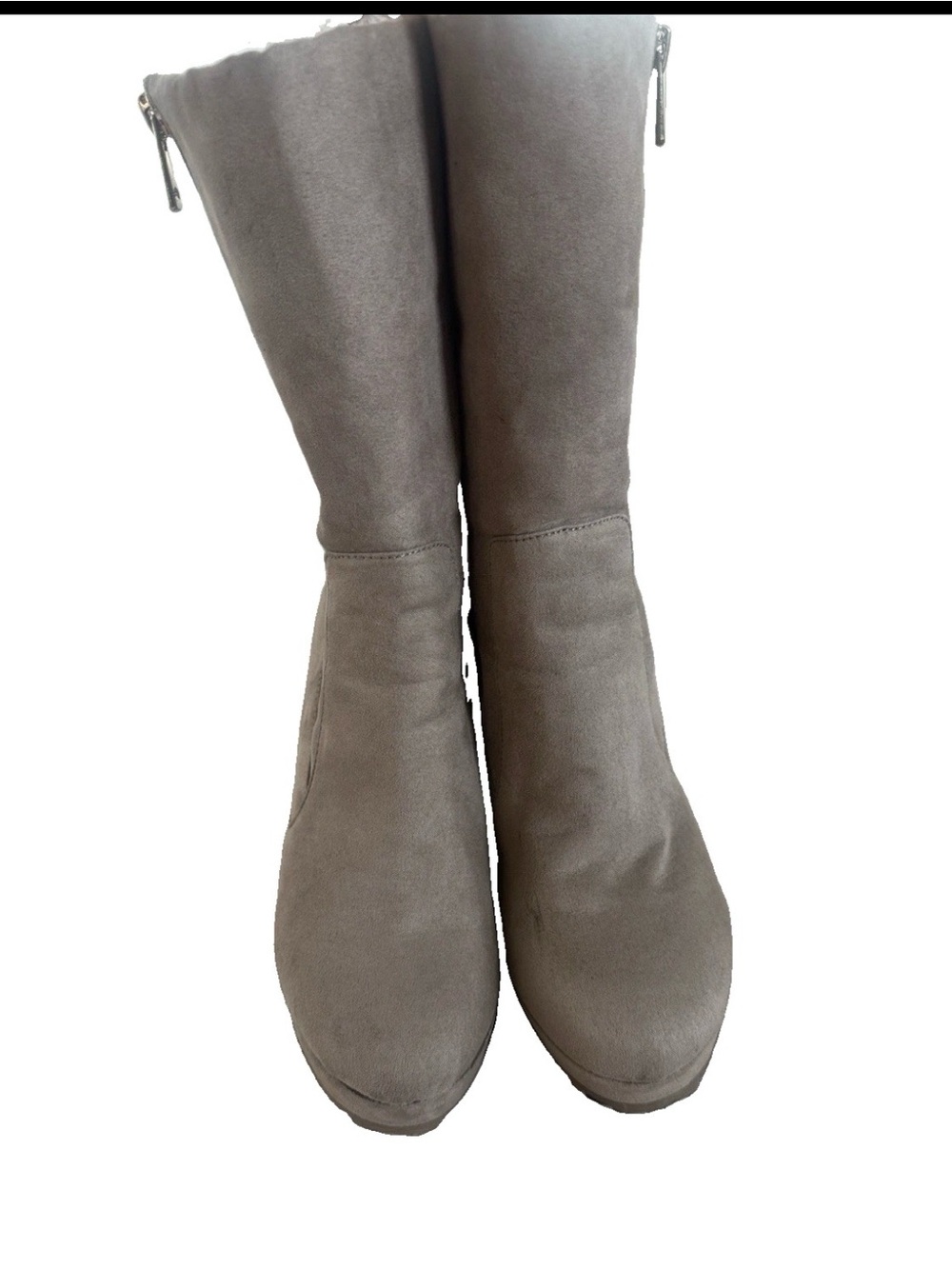 Juicy Couture Taupe Sherpa Lined Mid-Calf Boots Size 6.5 Cozy Winter Zip